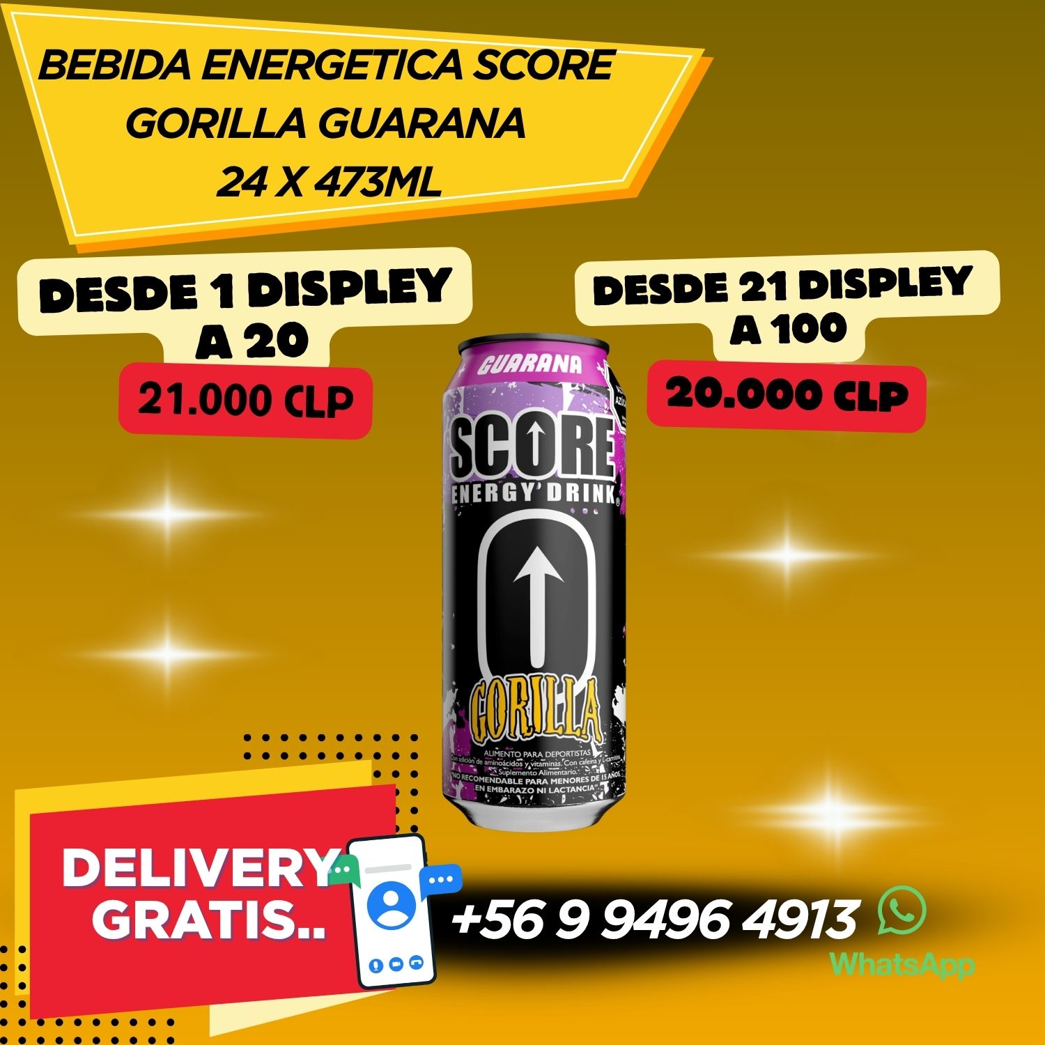 BEBIDA ENERGETICA SCORE GORILLA GUARANA 24X473ML